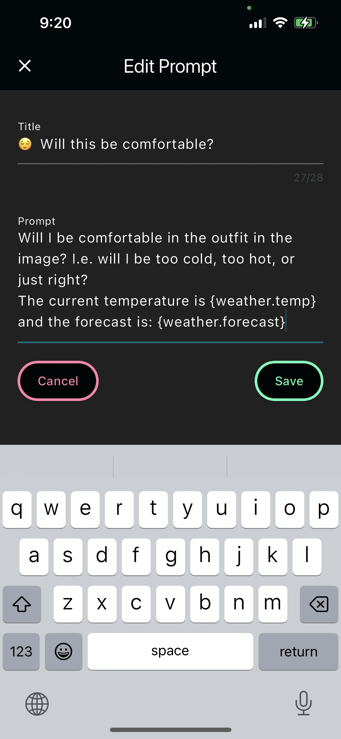 Screenshot of CrayEye app showing a dialog box titled 'Edit Prompt' with a field for 'Title' and 'Prompt' - the 'Title' field is '🔈 What sound doese it make?' and the 'Prompt' value is 'Analyze the image and do your best to determine what sound(s) the item(s) in the focal...'