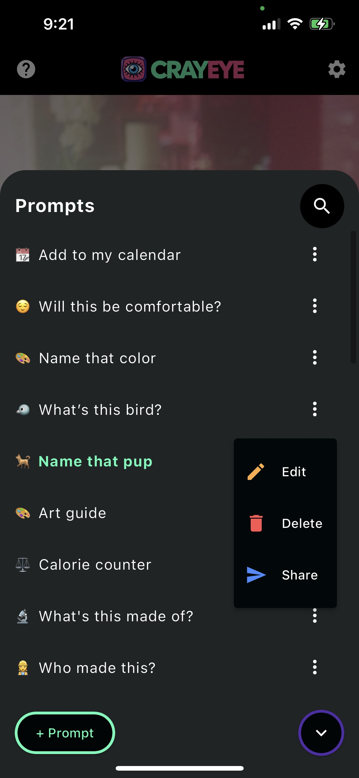 Screenshot of CrayEye app showing a listing of prompts in a drawer titled 'Prompts' - the prompts include 'Whats this made of?', 'What sound does it make?', 'What kind of bird is this?', 'Whats it weigh?', 'Who made this?', and 'Calorie Counter'. There is a button to add a new prompt and a context menu for each prompt with options to 'Edit,' 'Delete,' or 'Share' the prompt.